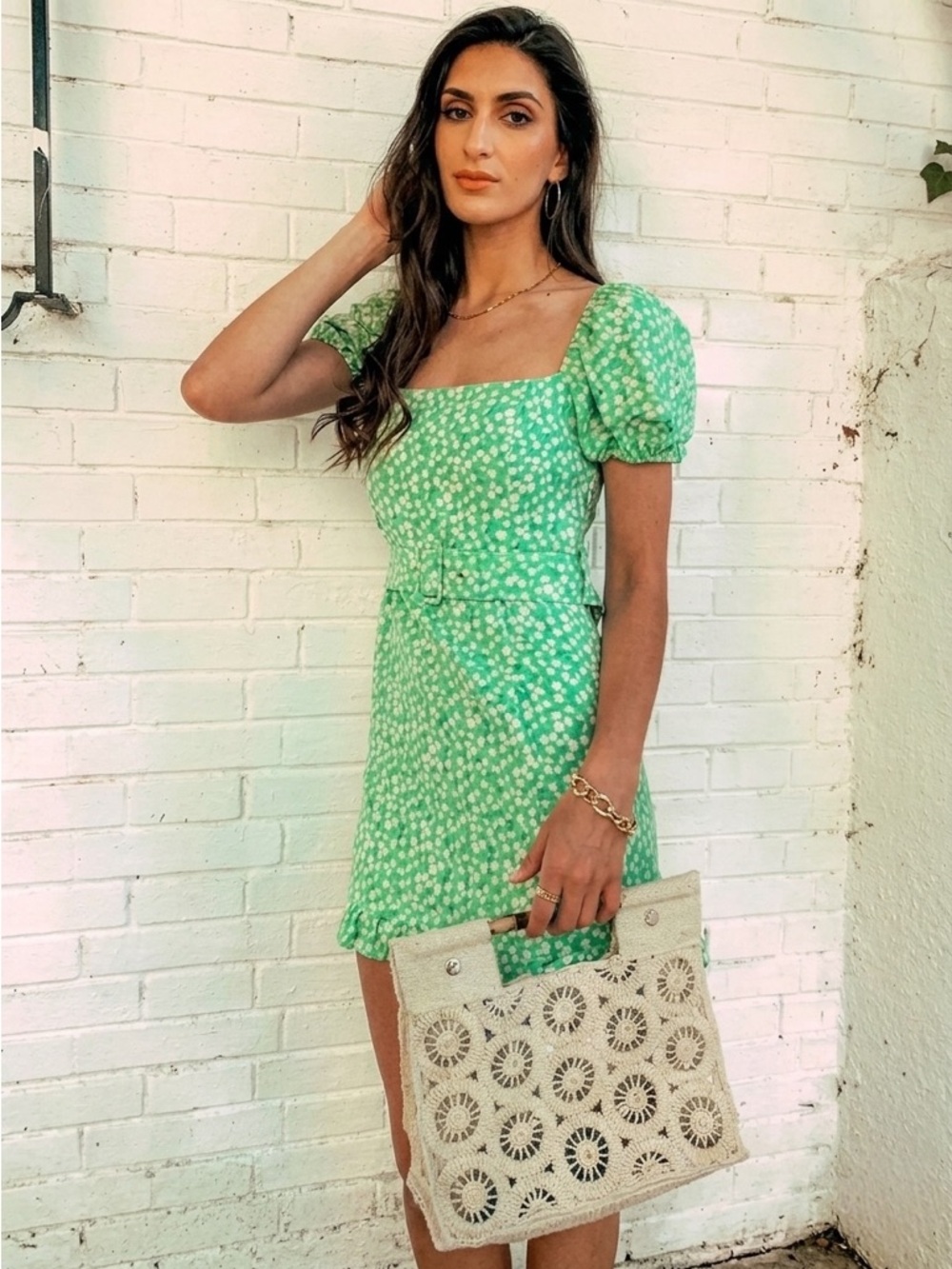 Zara Floral Linen Belted Puff Sleeve Mini Dress Green XS Blogger's Favorite